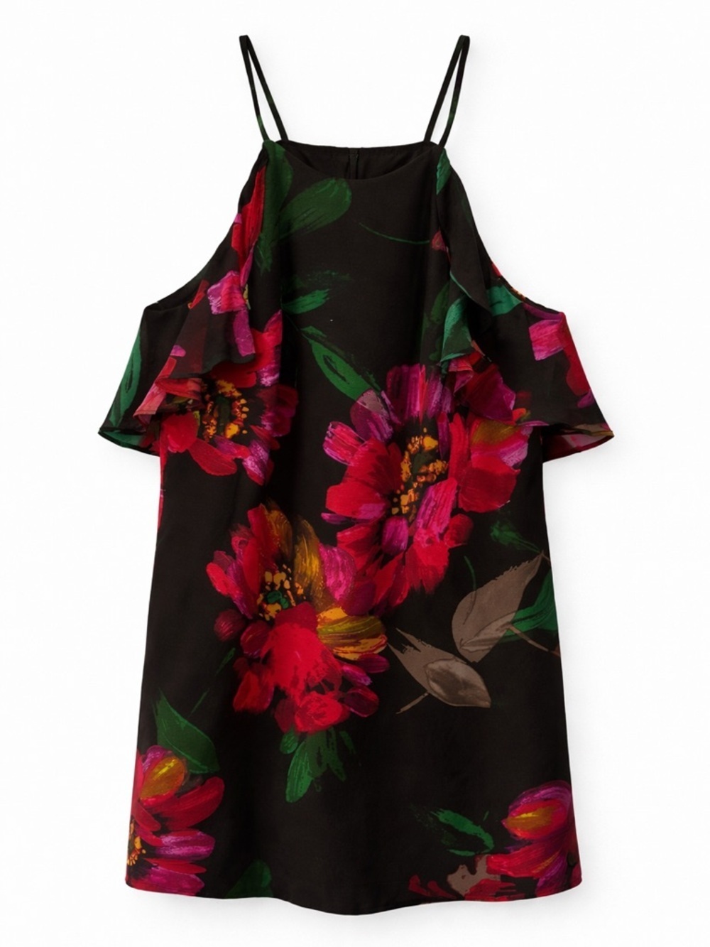 Trina Turk Statement Floral Dress Black Pink Flounce Overlay Silk Trim Cocktail